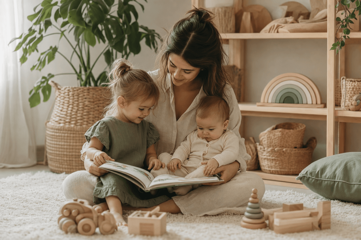 A parent reading a picture book with two young children
